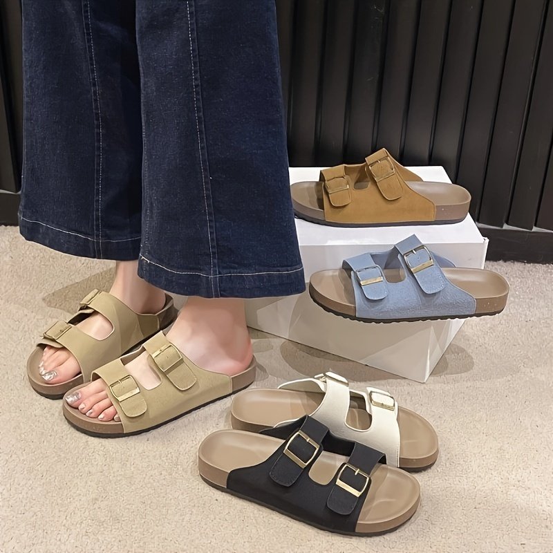 Women??s Solid Color Casual Sandals, Platform Slip On Double Adjustable Buckle Beach Slides, Casual Seaside Daily Footwear - Image 6