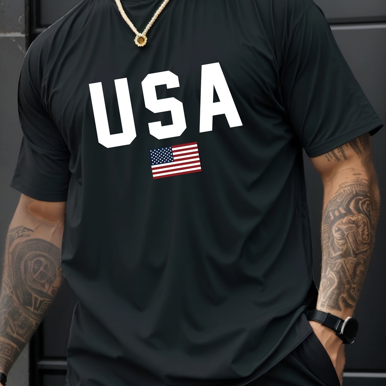 USA Print Men??s Creative Top, Casual Short Sleeve Crew Neck T-shirt, Men??s Clothing For Summer Outdoor - Image 5