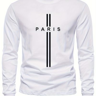 PARIS Print, Men??s Graphic Design Crew Neck Long Sleeve Active T-shirt Tee, Casual Comfy Shirts For Spring Summer Autumn, Men??s Clothing Tops
