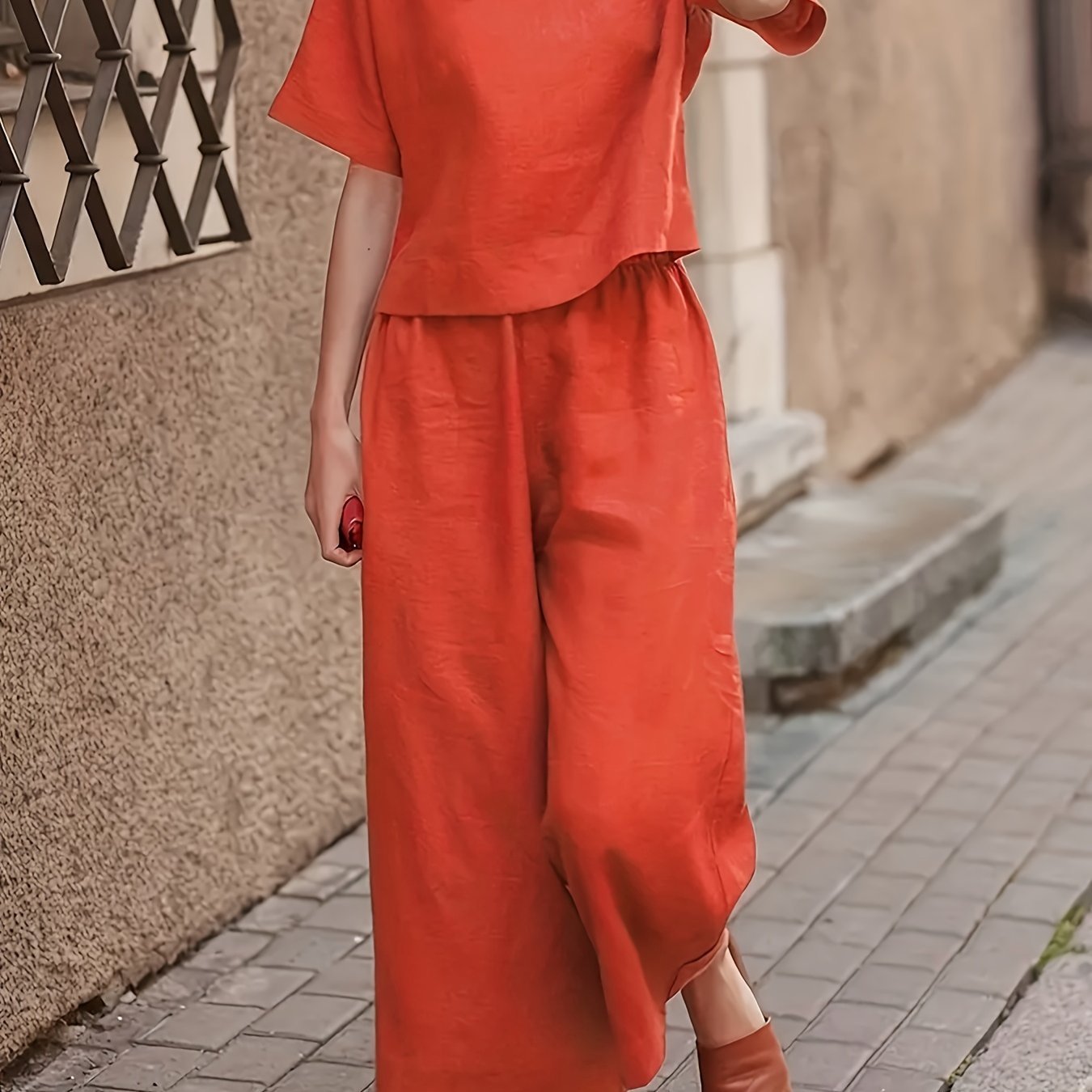 Solid Two-piece Set, Crew Neck Casual T-Shirt & Wide Leg Pants, Women??s Clothing - Image 8