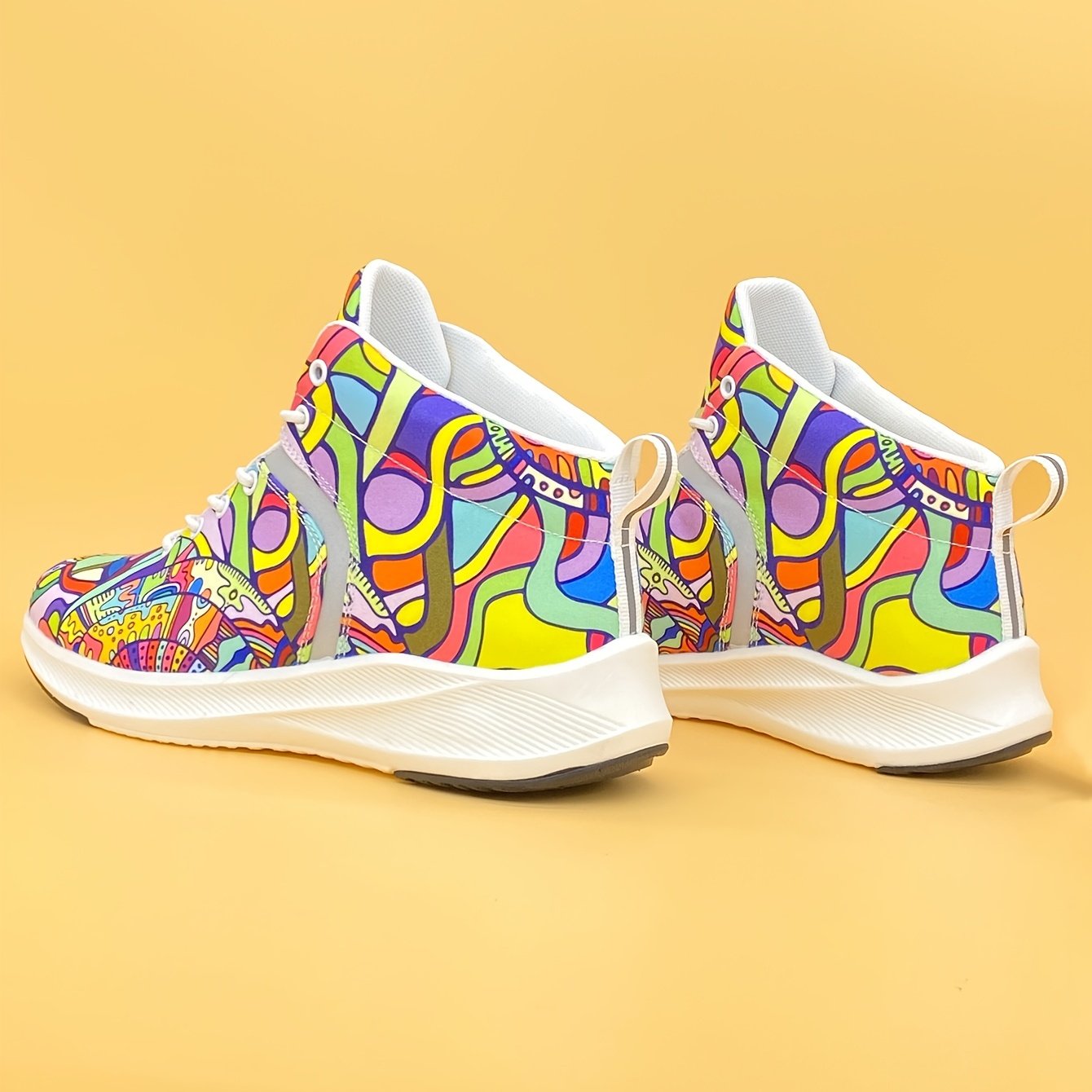 Women??s Graffiti Print High-Top Lace-Up Sneakers, Reflective Safety Straps Detail Sneakers, Women??s Footwear - Image 8