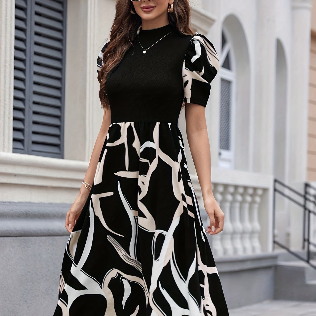Graphic Print Mock Neck Dres, Elegant Short Sleeve A-line Dress For Spring & Summer, Women??s Clothing - Image 2