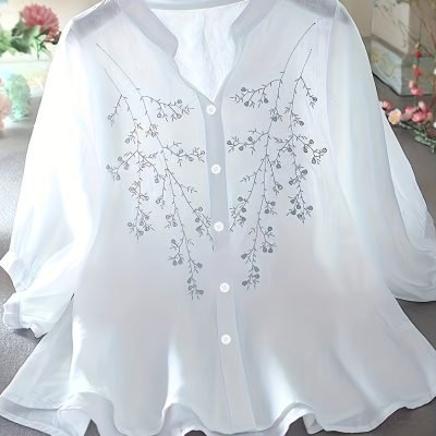 Floral Pattern Simple Blouse, Elegant Button Front Stand Collar Blouse, Women??s Clothing