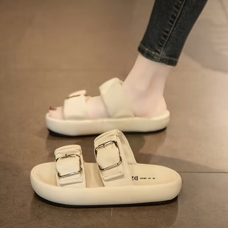 Women??s Double Buckle Strap Design Slide Sandals, Casual Open Toe Summer Shoes, Comfortable Slip On Shoes - Image 2