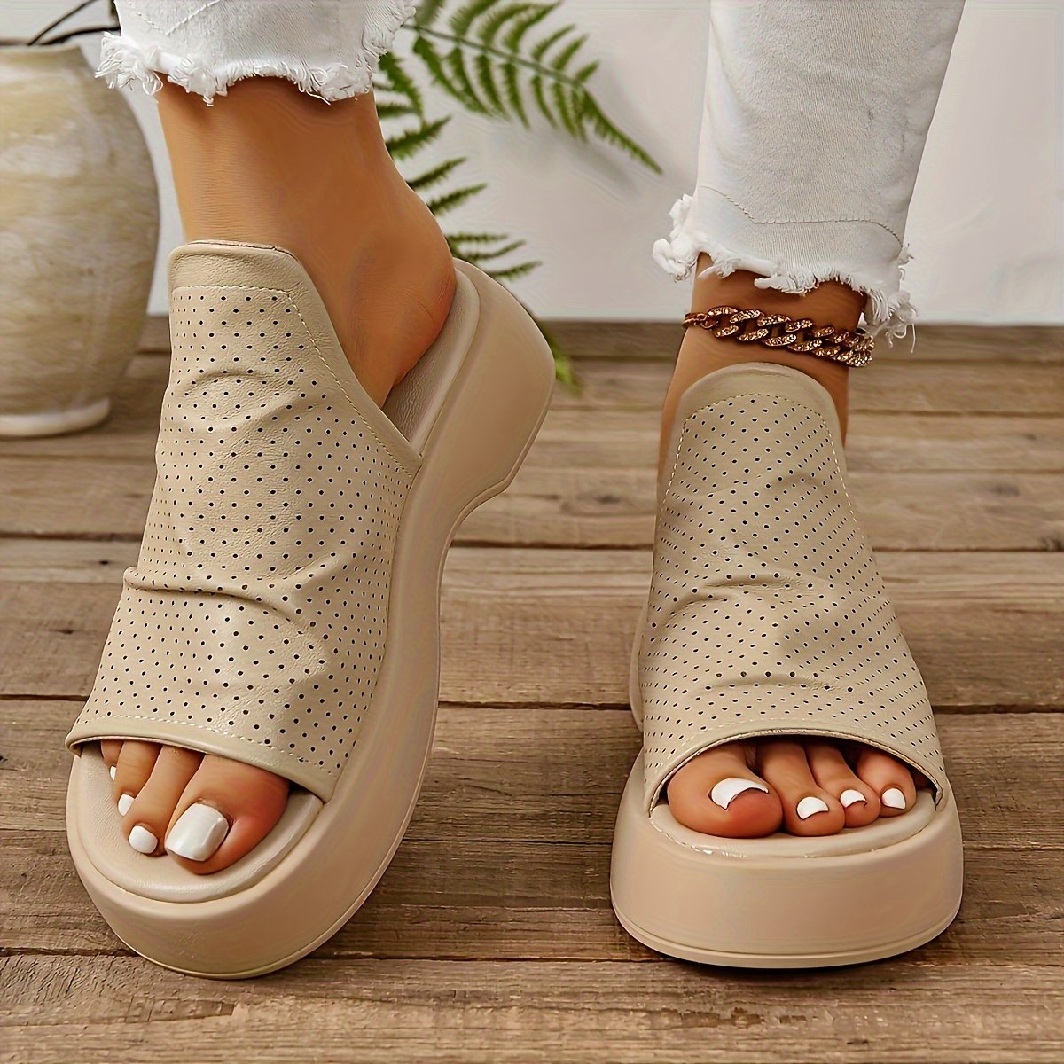 Women??s Platform Slide Sandals, Comfortable White Platform Perforated Design, Summer Breathable Wedge Footwear - Image 3