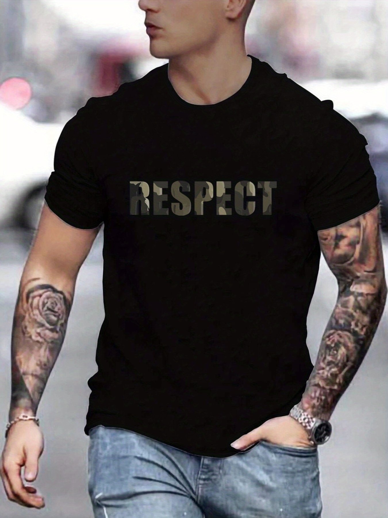 Letter RESPECT Pattern Print Men??s T-shirt, Graphic Tee Men??s Summer Clothes, Men??s Outfits