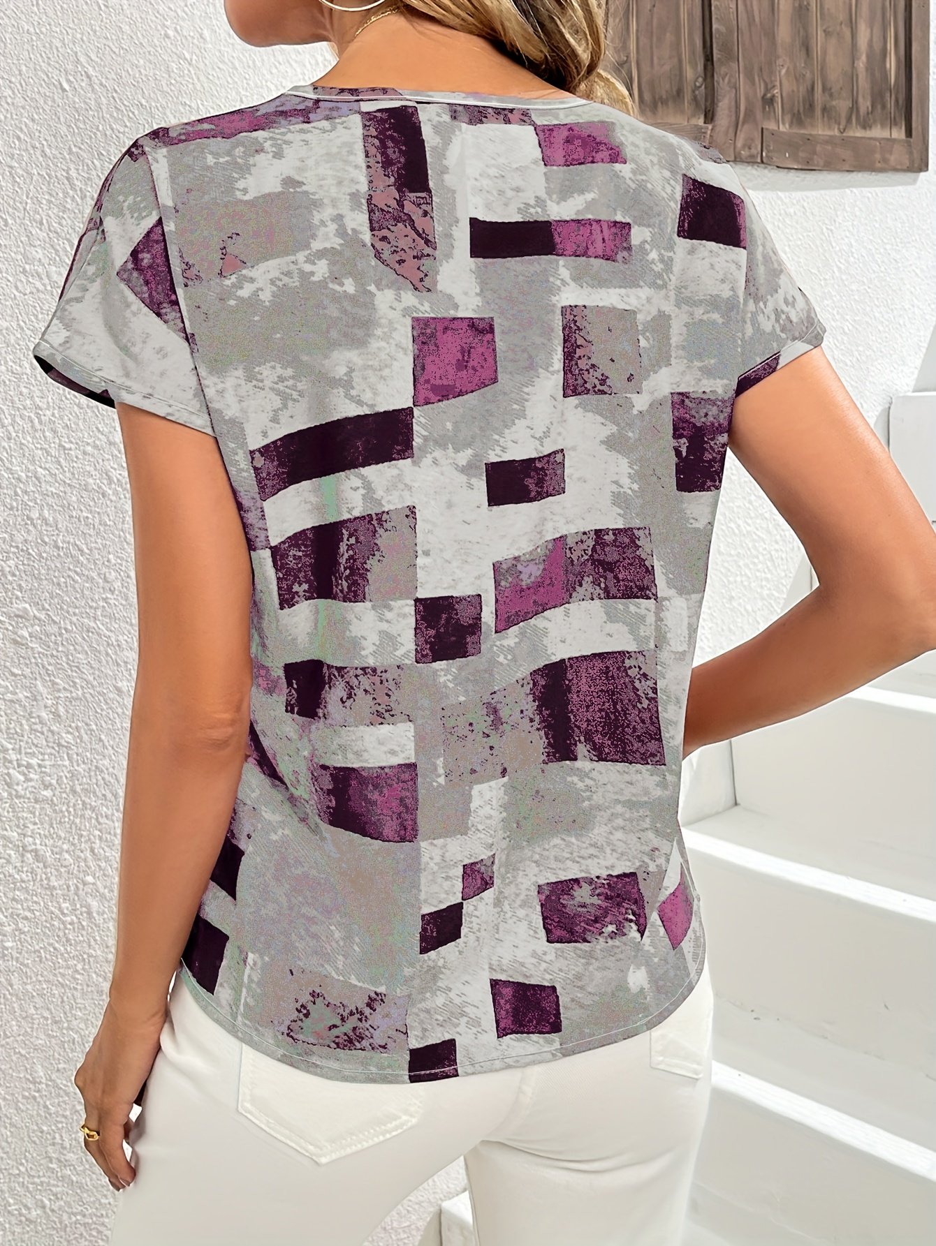 Geometric Print Blouse, Casual Crew Neck Short Sleeve Summer Blouse, Women??s Clothing - Image 7
