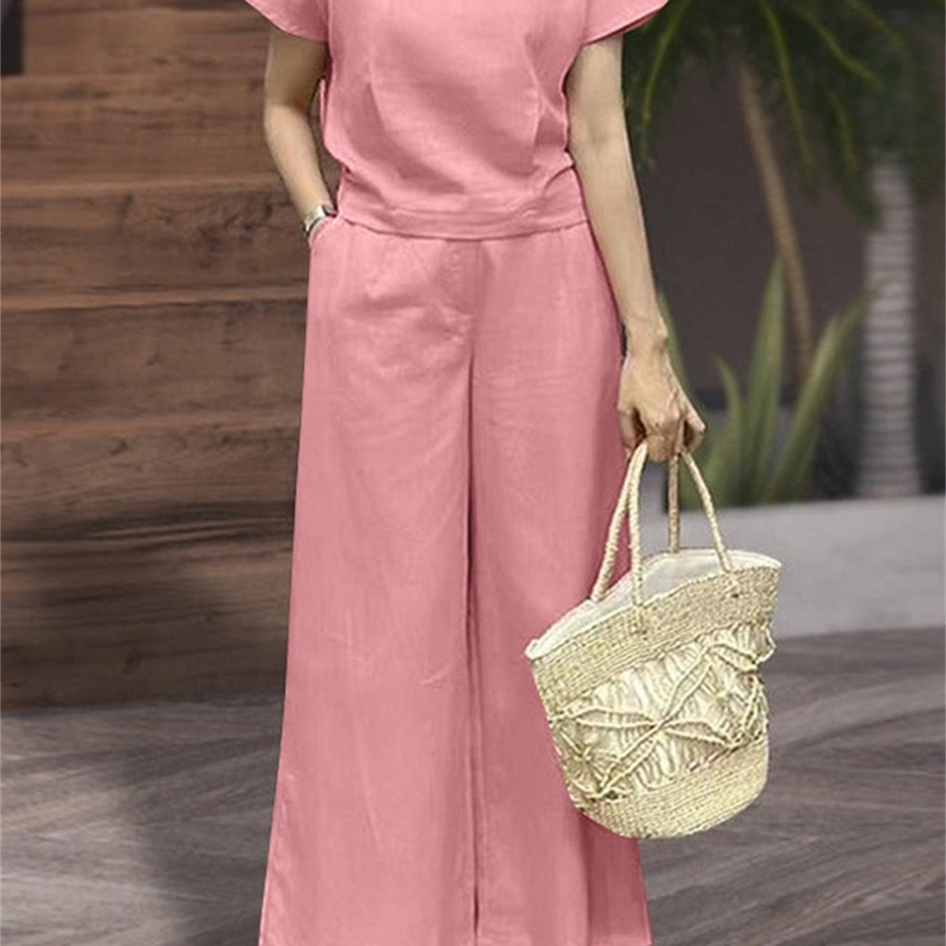 Loose Solid Color Two-piece, Crew Neck Short Sleeve T-shirt & Dual Pocket Pants Outfits, Women??s Clothing - Image 5