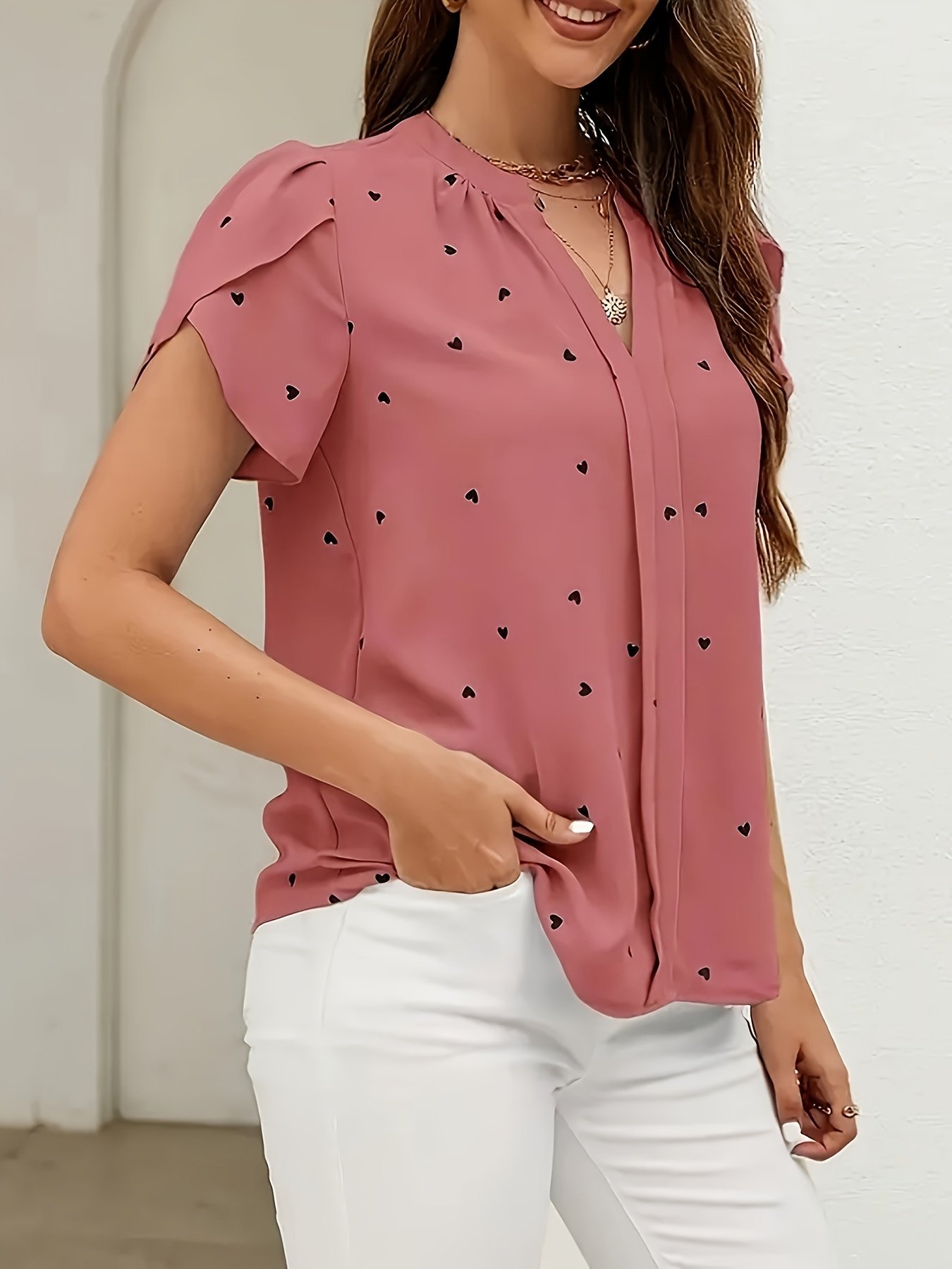 Heart Print V Neck Blouse, Casual Petal Sleeve Blouse For Spring & Summer, Women??s Clothing - Image 8