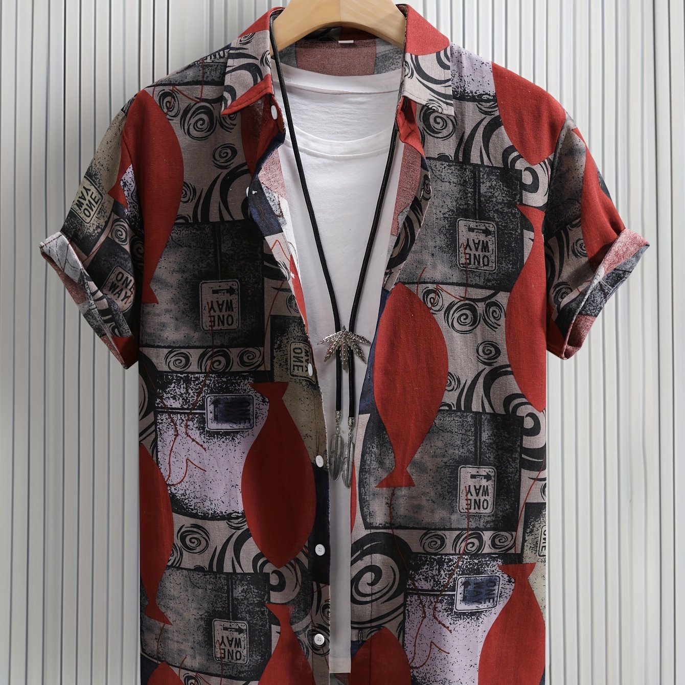 Men??s Stylish Loose Cotton Blend Geometric Print Shirt, Casual Breathable Lapel Button Up Short Sleeve Shirt For Summer Outdoor Activities - Image 5