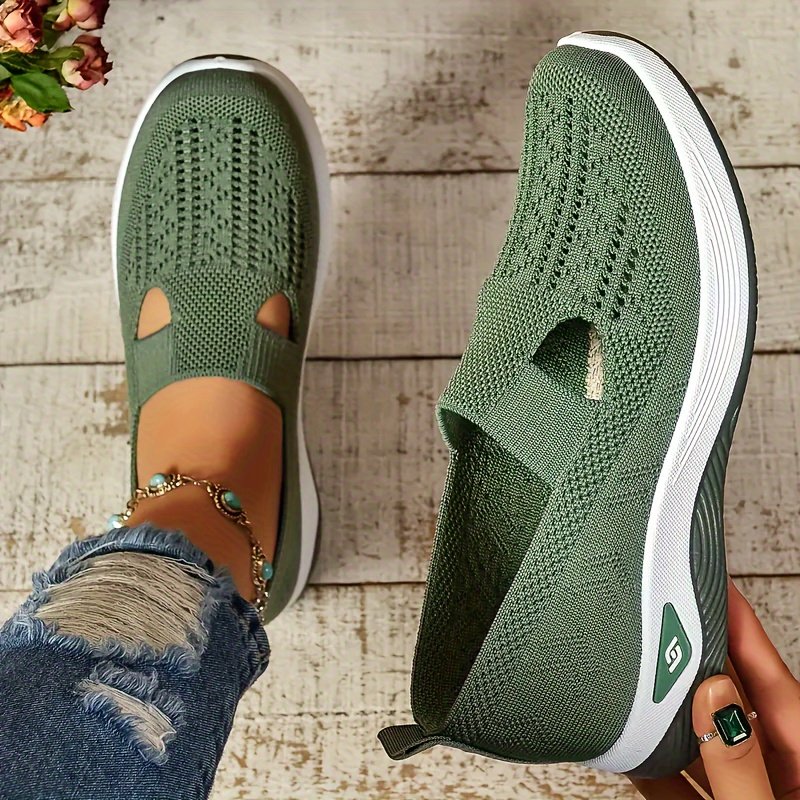 Women??s Solid Color Sneakers, Breathable Knit Slip On Outdoor Shoes, Lightweight Low Top Shoes - Image 7