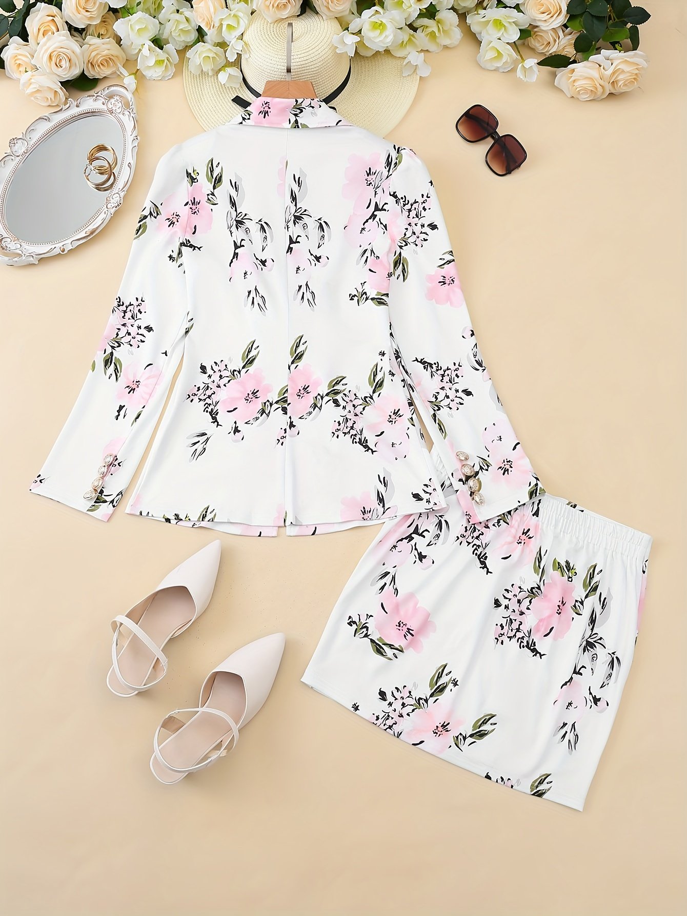 Floral Print Two-piece Suit Set, Elegant Double Breasted Blazer & Bodycon Skirt Outfits, Women??s Clothing - Image 3