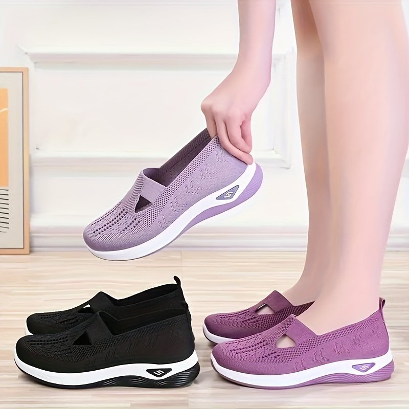 Women??s Solid Color Knitted Sneakers, Soft Sole Platform Slip On Walking Comfort Shoes, Low-top Breathable Shoes - Image 7