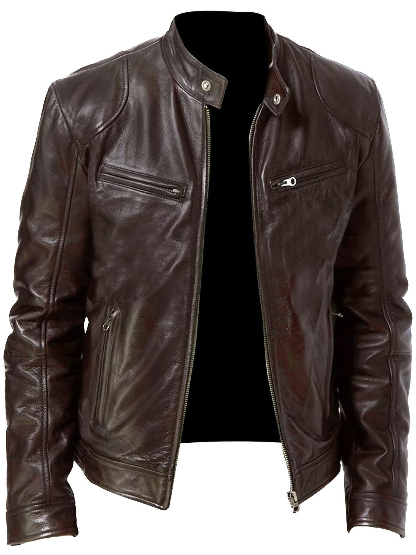2023 Autumn And Winter New Zipper Cardigan Pocket PU Leather Small Stand Collar MotorcycleJacket Coat Men??s Coat