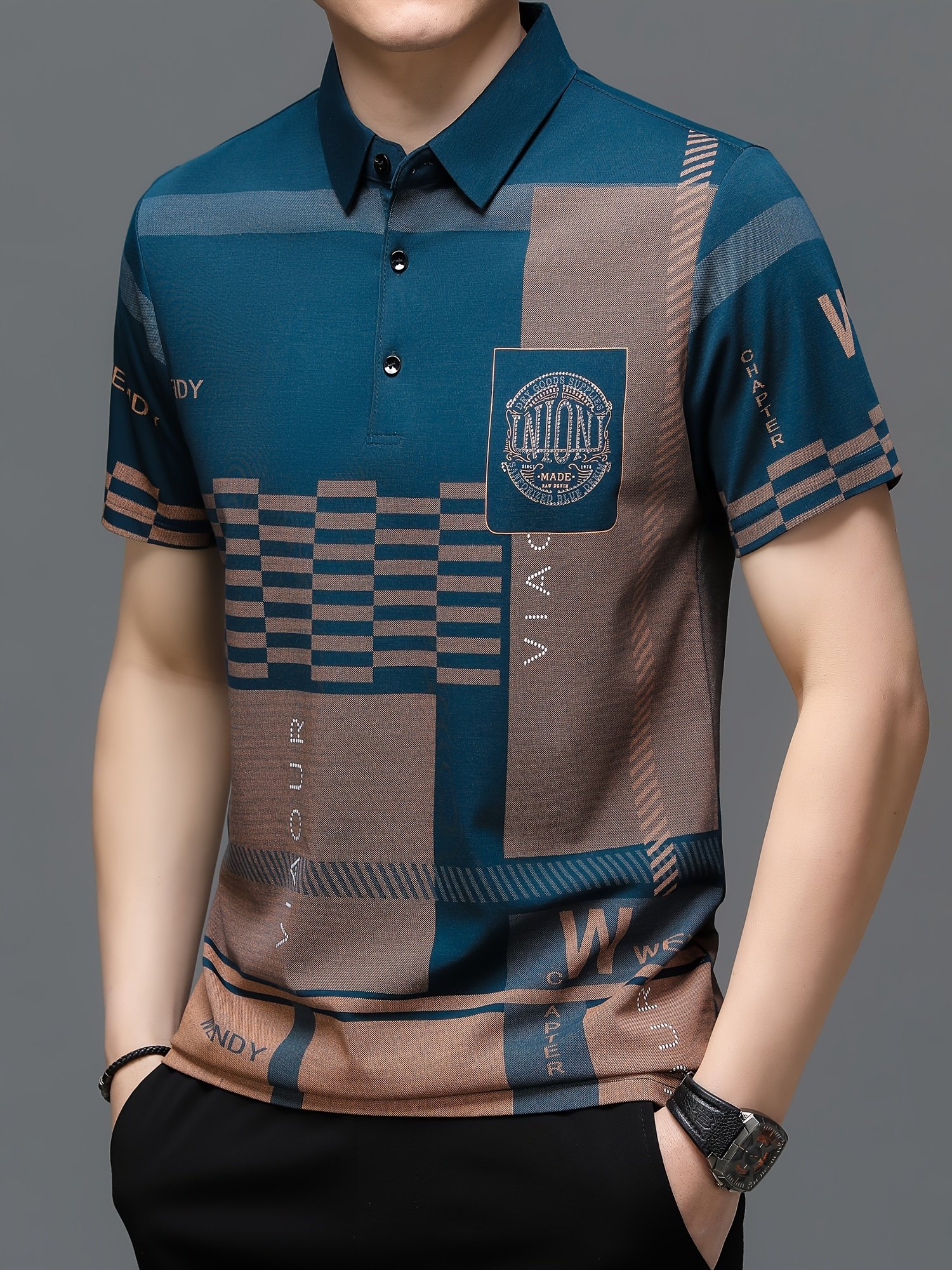 Men??s Irregular Geometric Pattern And Alphabet Print Sports Shirt With Henley Neck, Lapel Collar And Short Sleeve, Casual And Chic Tee For Men, Tops Suitable For Summer Outdoors Activities - Image 6