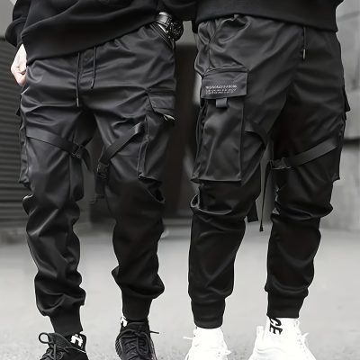 Trendy Solid Cargo Pants, Men??s Multi Flap Pocket Trousers, Loose Casual Outdoor Pants, Men??s Work Pants Outdoors techwear Hip Hop Style