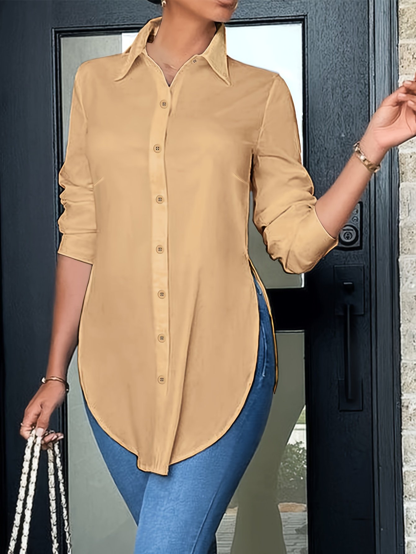 Split Button Front Shirt, Casual Long Sleeve Curved Hem Shirt, Women??s Clothing