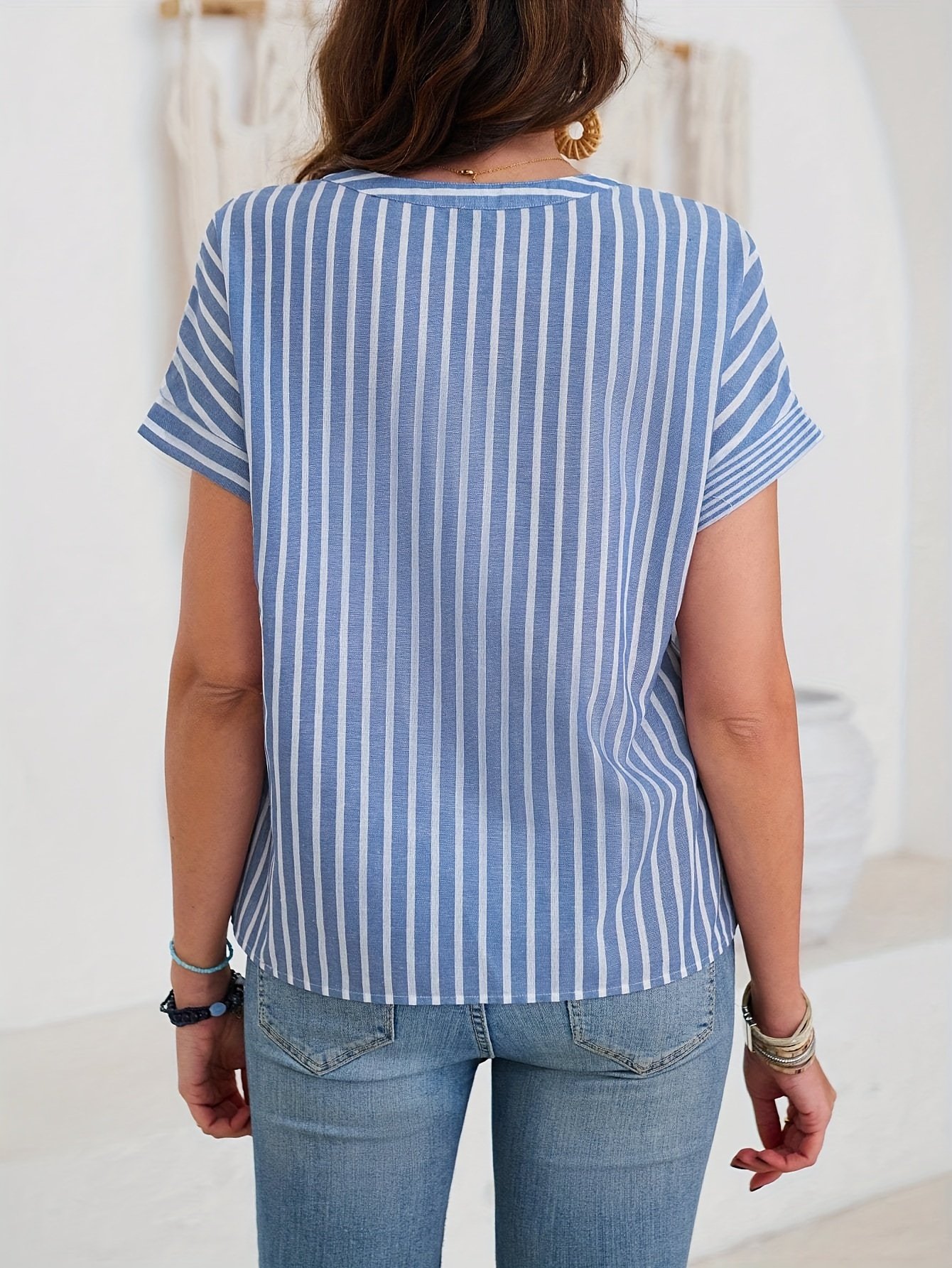 Striped Print Notched Neck Blouse, Casual Short Sleeve Blouse For Spring & Summer, Women??s Clothing - Image 6