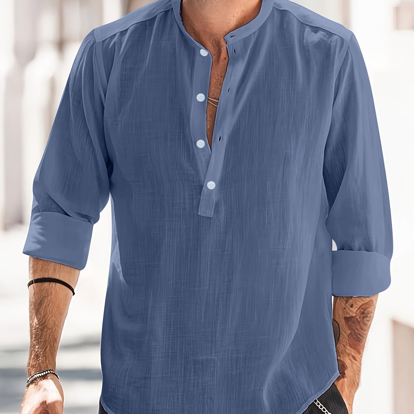 Classic Design Cotton Boat Neck Henley Shirt, Men??s Casual Fit Vintage Style Long Sleeve Top For Spring Fall - Image 8