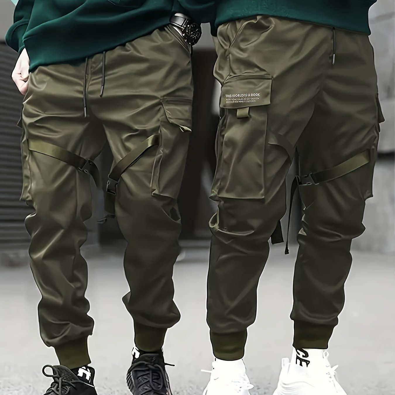 Trendy Solid Cargo Pants, Men??s Multi Flap Pocket Trousers, Loose Casual Outdoor Pants, Men??s Work Pants Outdoors techwear Hip Hop Style - Image 2