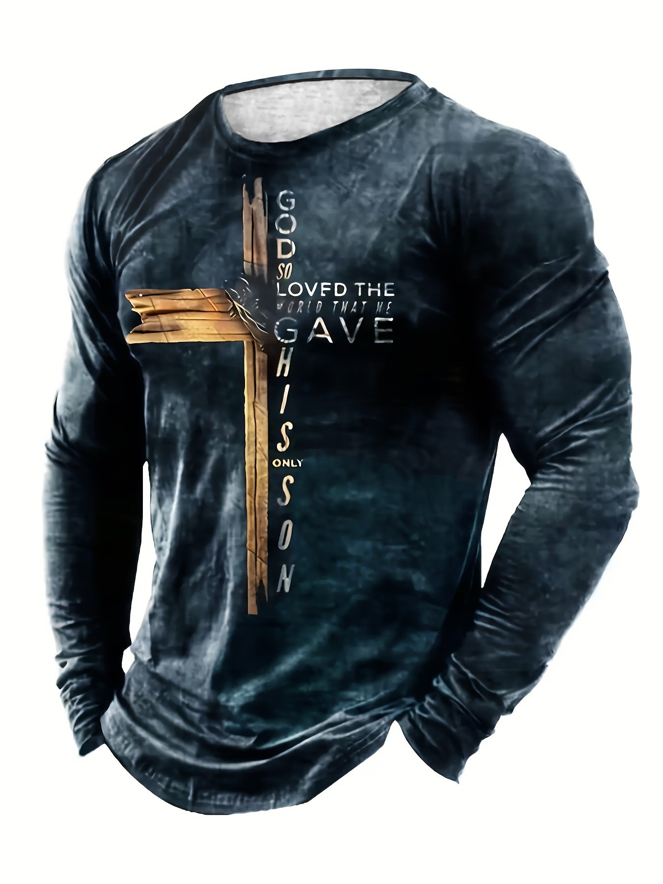 Classic Cross And Letter Print Men??s Creative Long Sleeve Crew Neck T-shirt For Spring Fall, Gift For Men