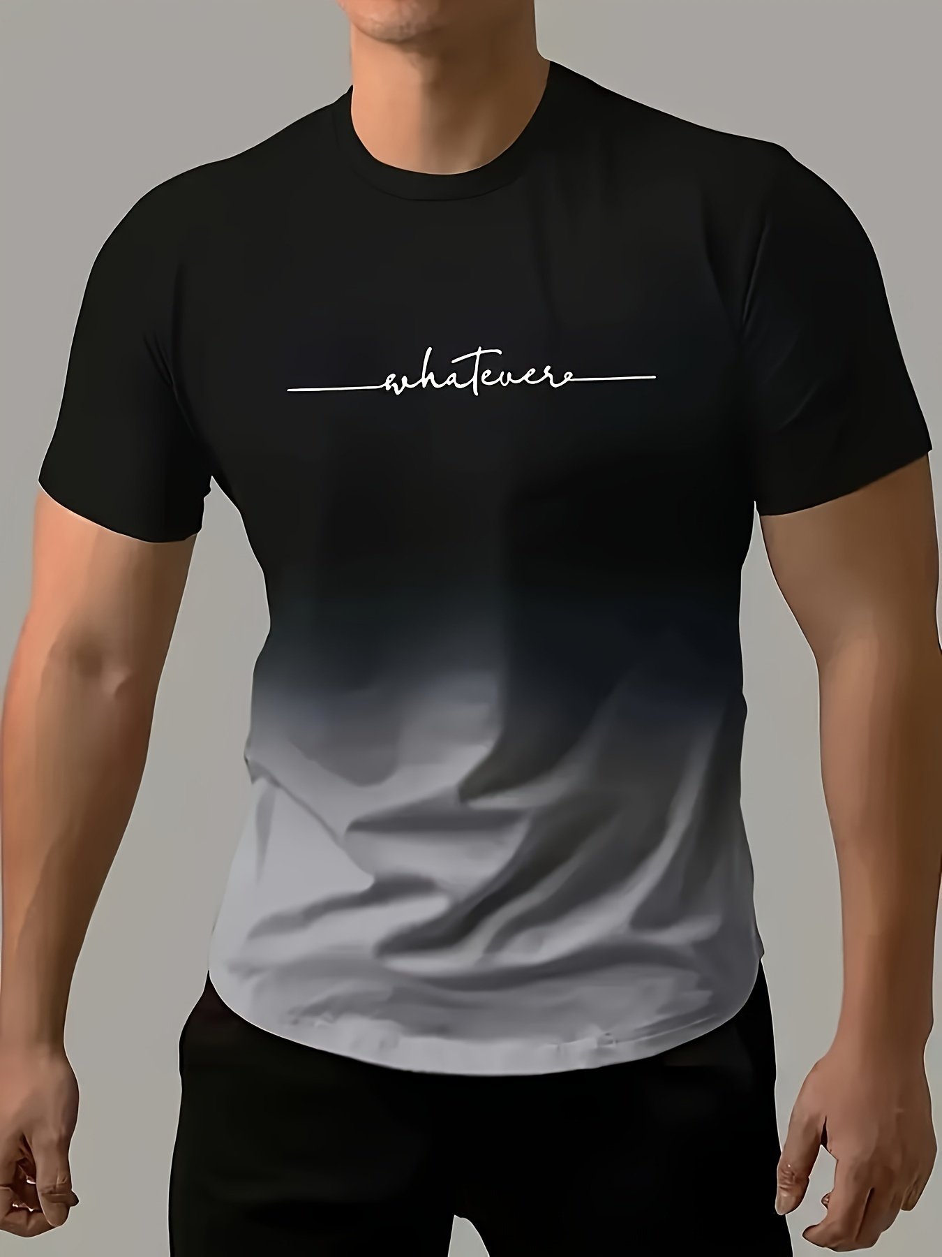 ??Whatever?? Print Gradient Crew Neck T-shirt For Men, Trendy Casual Short Sleeve Top, Men??s Tee For Summer Outing