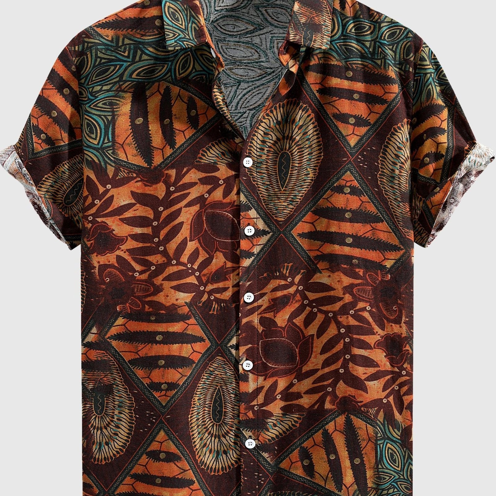 Men??s Stylish Loose Cotton Blend Geometric Print Shirt, Casual Breathable Lapel Button Up Short Sleeve Shirt For Summer Outdoor Activities - Image 3