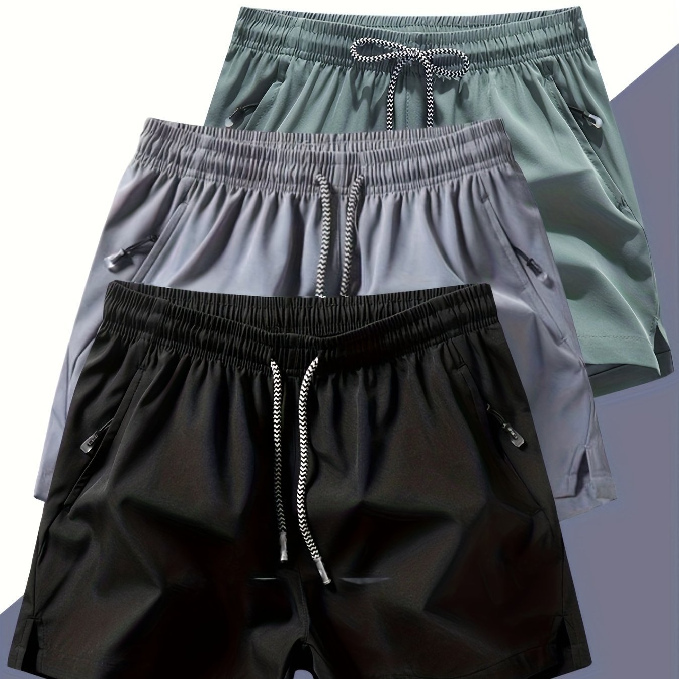Men??s Three-piece Set Of Solid Color Shorts With Drawstring And Pockets, Casual And Comfy Shorts For Summer Fitness And Outdoors Activities - Image 2