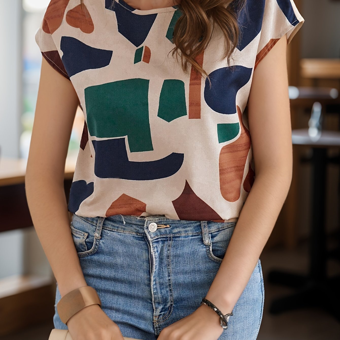Graphic Print Crew Neck Blouse, Casual Short Sleeve Blouse For Spring & Summer, Women??s Clothing - Image 4
