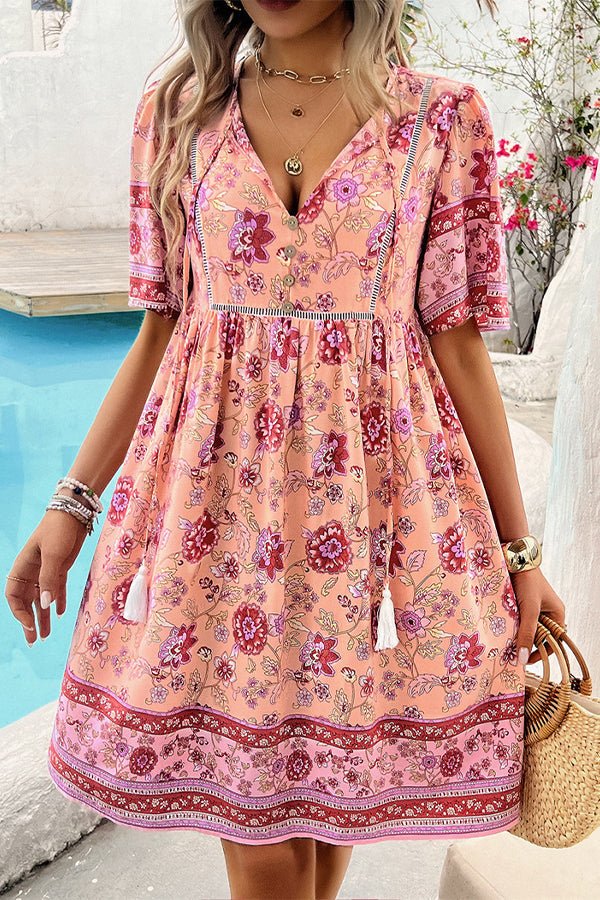 V Neck Floral Print Short Sleeve Mini Dress - Image 3