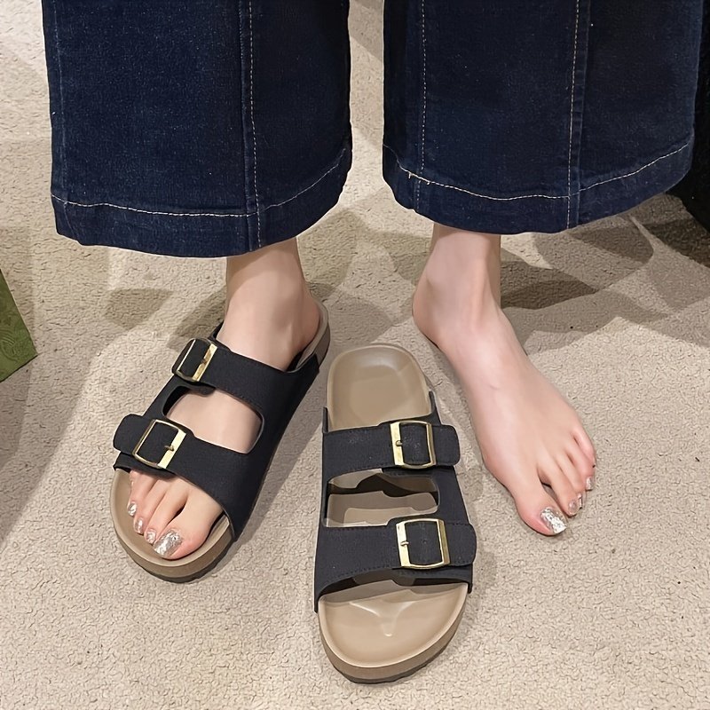 Women??s Solid Color Casual Sandals, Platform Slip On Double Adjustable Buckle Beach Slides, Casual Seaside Daily Footwear - Image 2