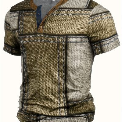 Men??s 3D Digital Denim Patchwork Pieces Pattern Print T-shirt With Buttoned Henley Neck And Short Sleeve, Casual And Chic Tops For Summer Outdoors Wear