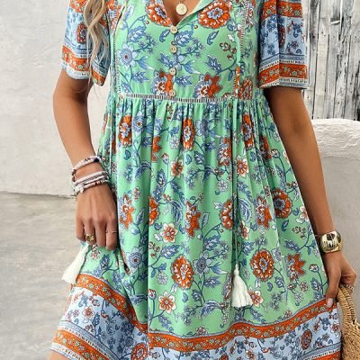 Floral Print V Neck Short Sleeve Mini Dress
