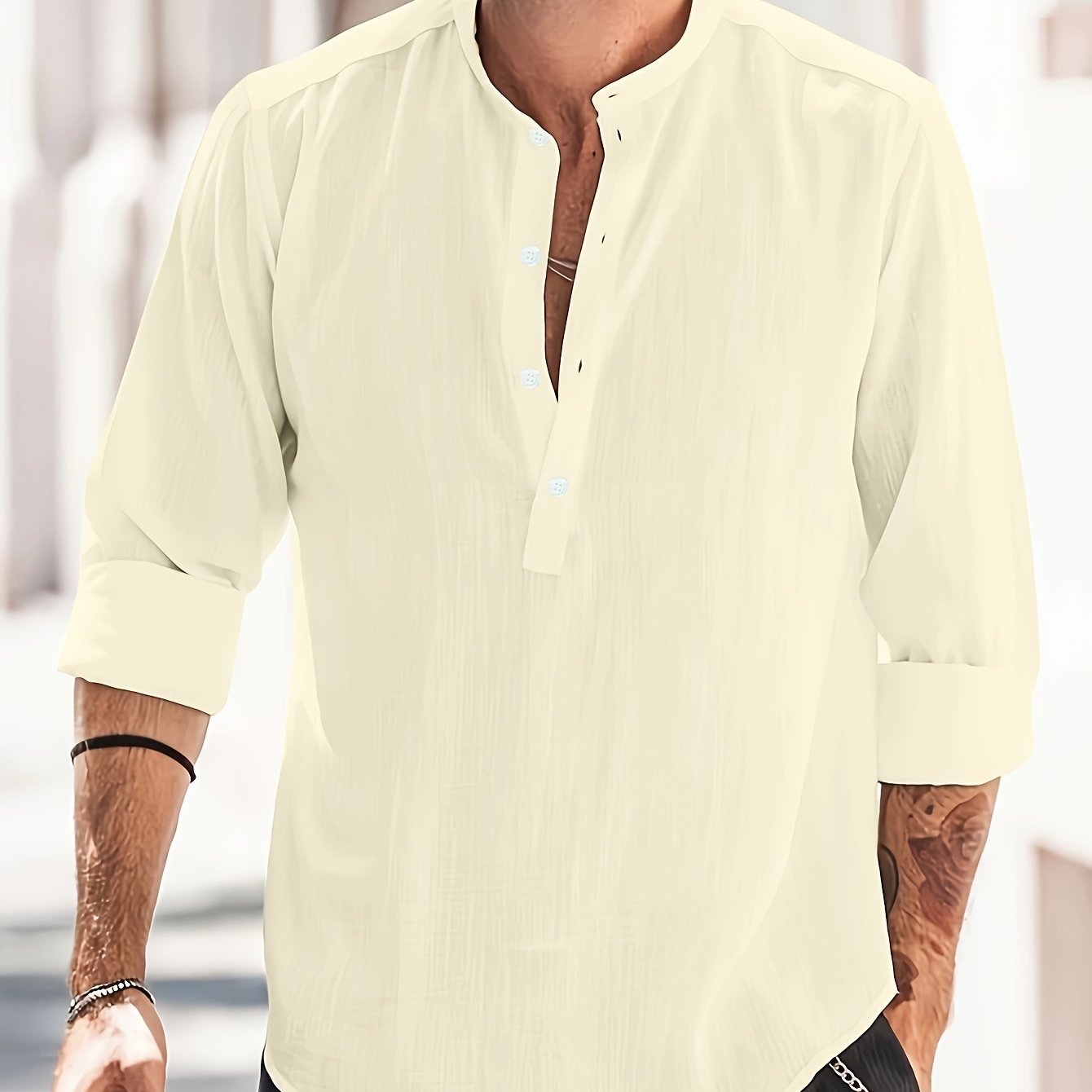 Classic Design Cotton Boat Neck Henley Shirt, Men??s Casual Fit Vintage Style Long Sleeve Top For Spring Fall - Image 5
