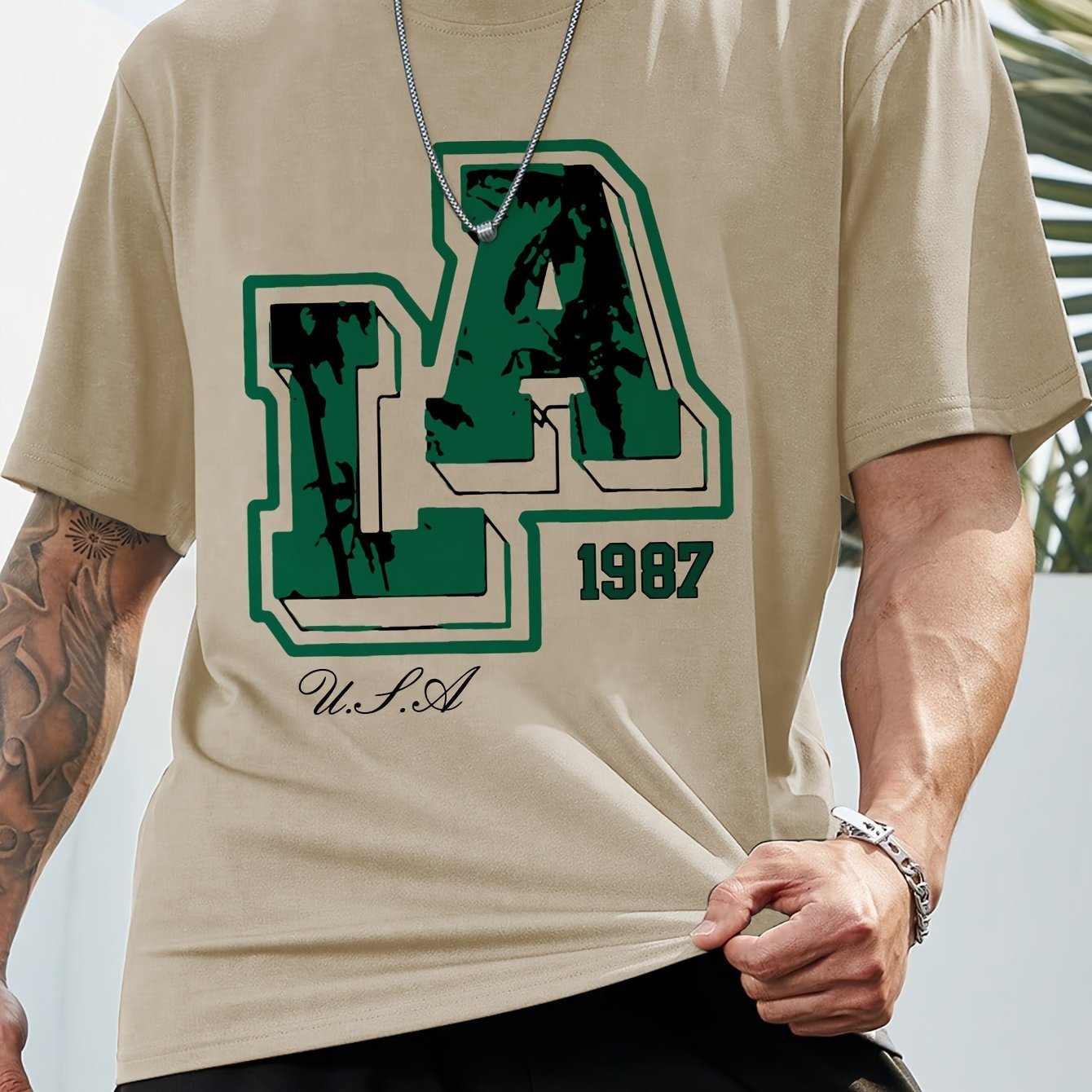 Men??s Los Angeles Print Short Sleeve T-Shirts, Comfy Casual Elastic Crew Neck Tops, Men??s Clothing - Image 6
