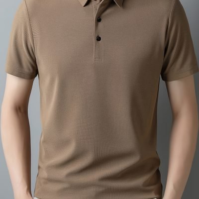 Men??s Solid Short Sleeve And Lapel Collar Henley Shirt, Casual And Comfy Sports Tops For Summer Golf Wear And Outdoors Activities