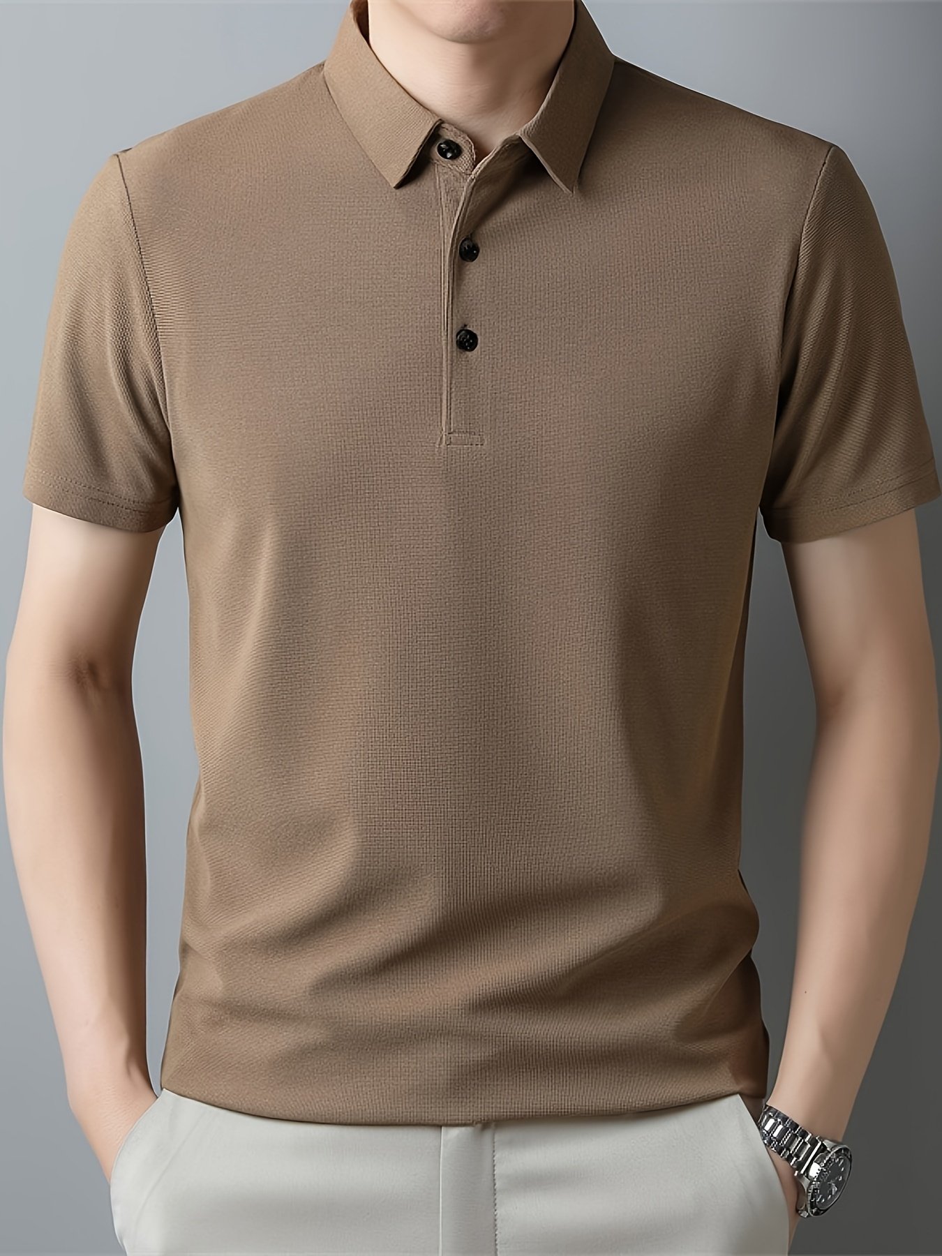 Men??s Solid Short Sleeve And Lapel Collar Henley Shirt, Casual And Comfy Sports Tops For Summer Golf Wear And Outdoors Activities