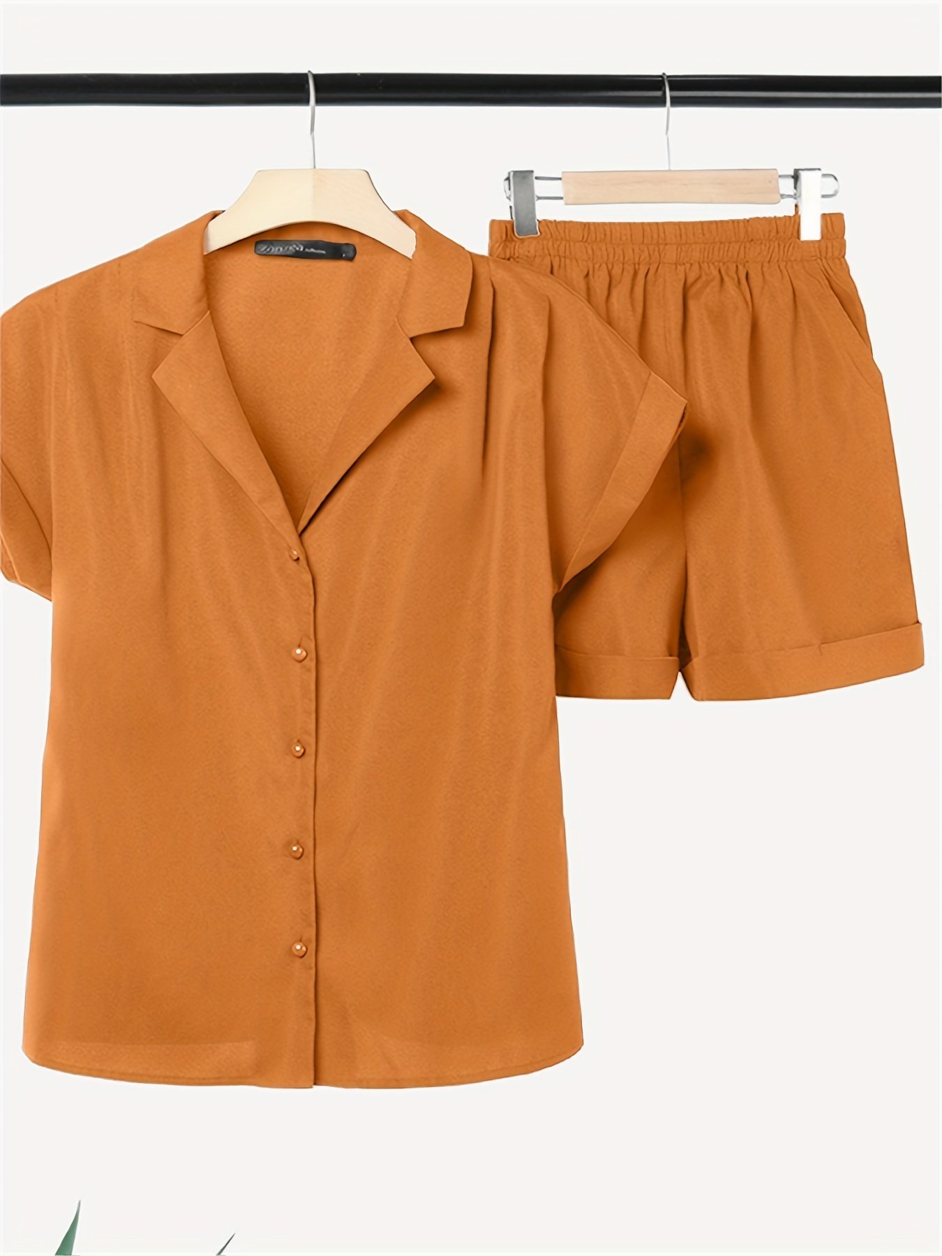 Casual Solid Two-piece Set, Open Front Lapel Neck Top & Skinny High Waist Shorts Outfits, Women??s Clothing - Image 7