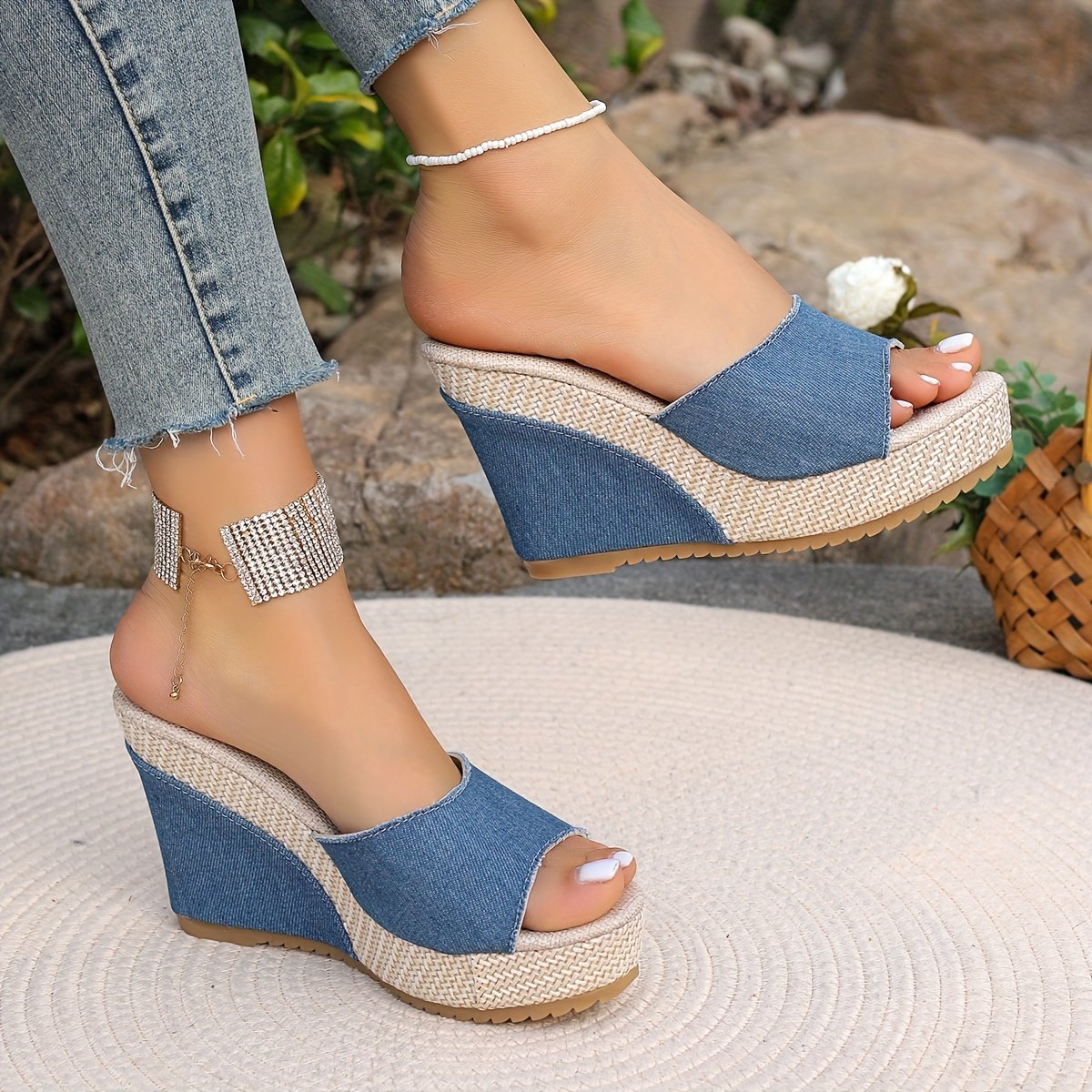 Women??s Solid Color Casual Sandals, Platform Slip On Peep Toe Walking Slides, Comfort Wedge Beach Shoes - Image 4