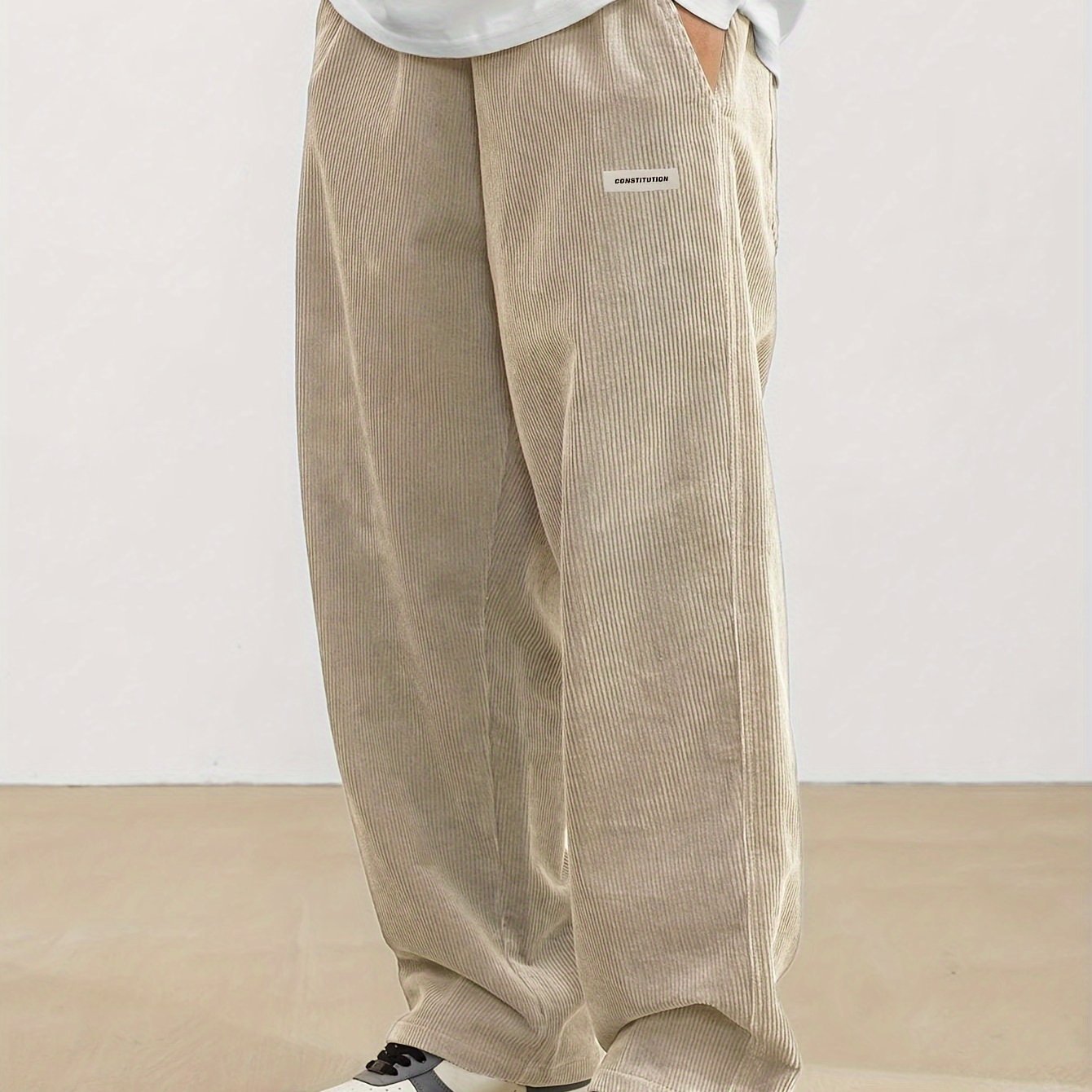 Men??s Loose-Fit Corduroy Casual Pants With Pockets In Solid Color, Breathable Straight-Leg Drawstring Trousers For Urban Streetwear And Outdoor Activities, Casual Style - Image 5