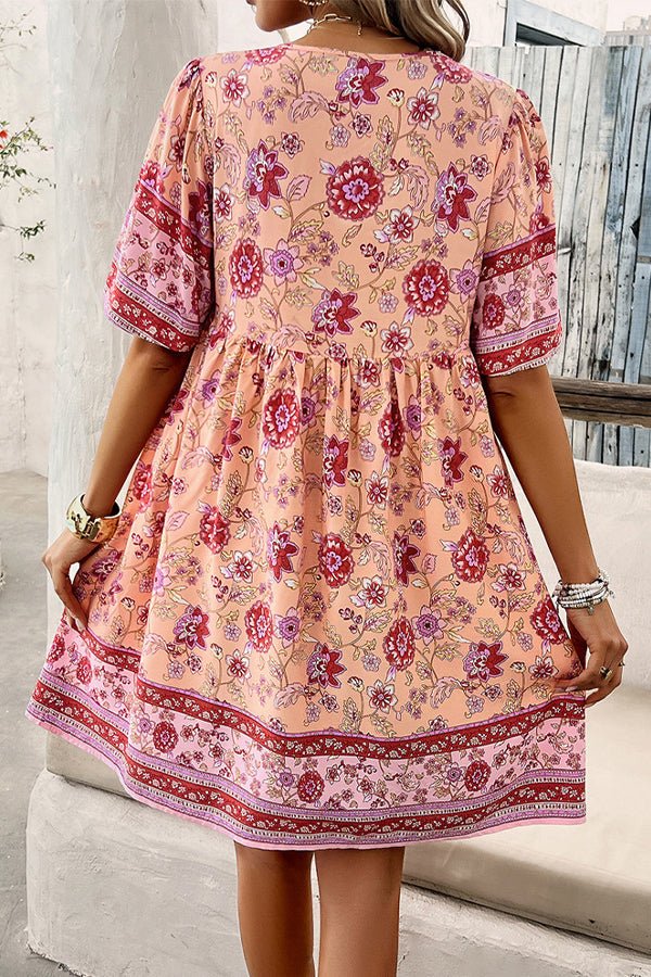 V Neck Floral Print Short Sleeve Mini Dress - Image 5