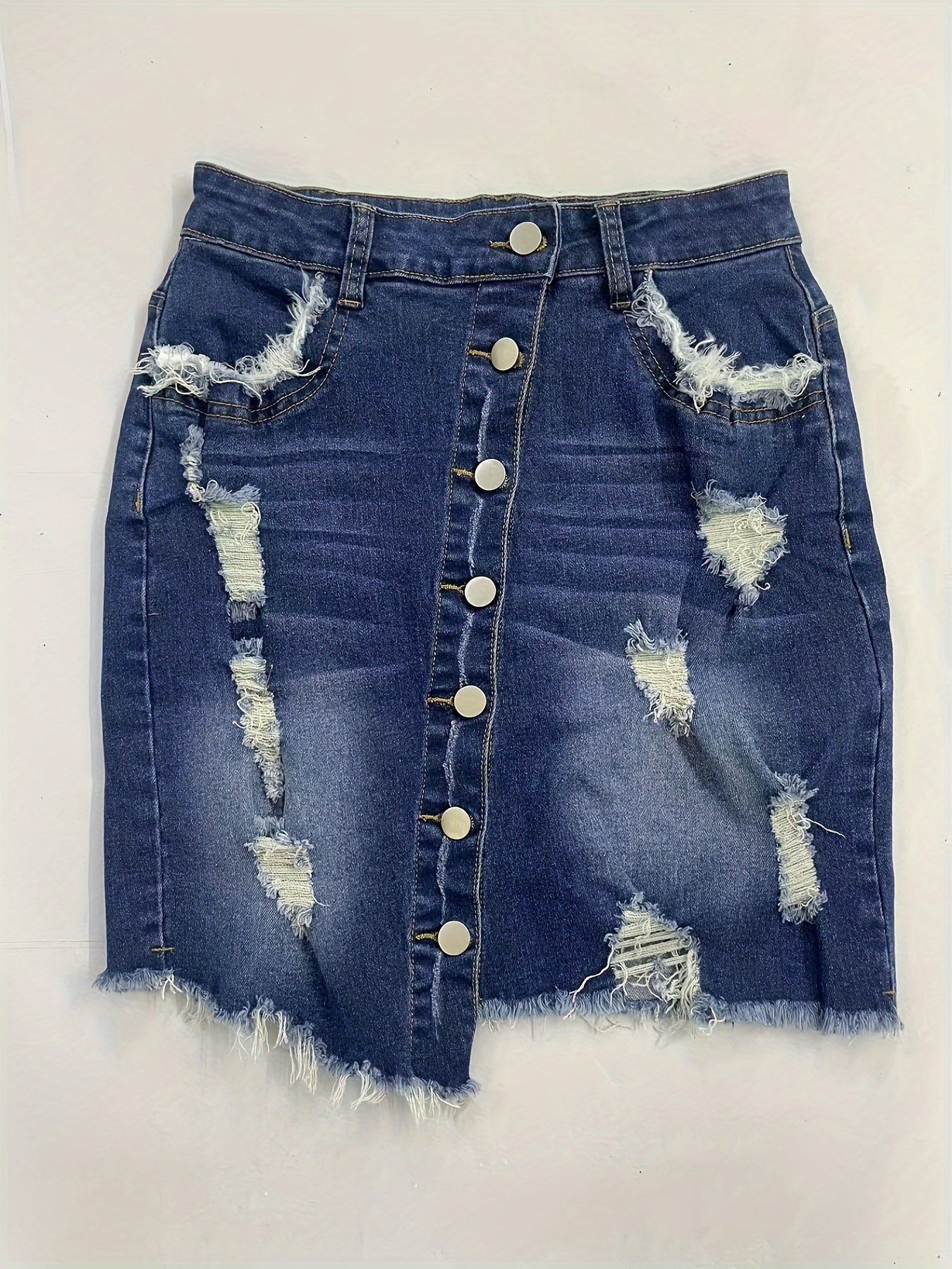 Ripped Asymmetric Single-breasted Raw Hem Denim Skirt, Medium Stretch Whiskering Distressed Denim Skirt, Women??s Denim Jeans & Clothing - Image 3