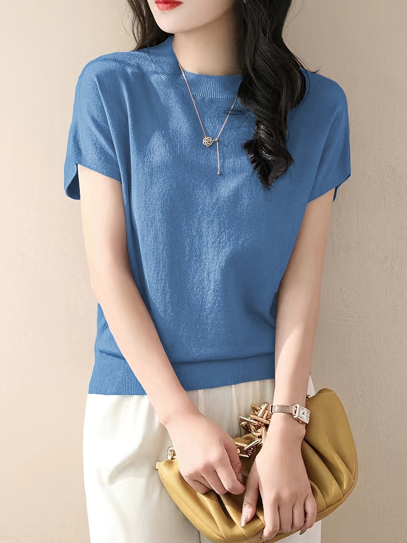 Solid Color Crew Neck Pullover Sweater, Casual Short Sleeve Ribbed Knitted Sweater For Every Day, Women??s Clothing - Image 11