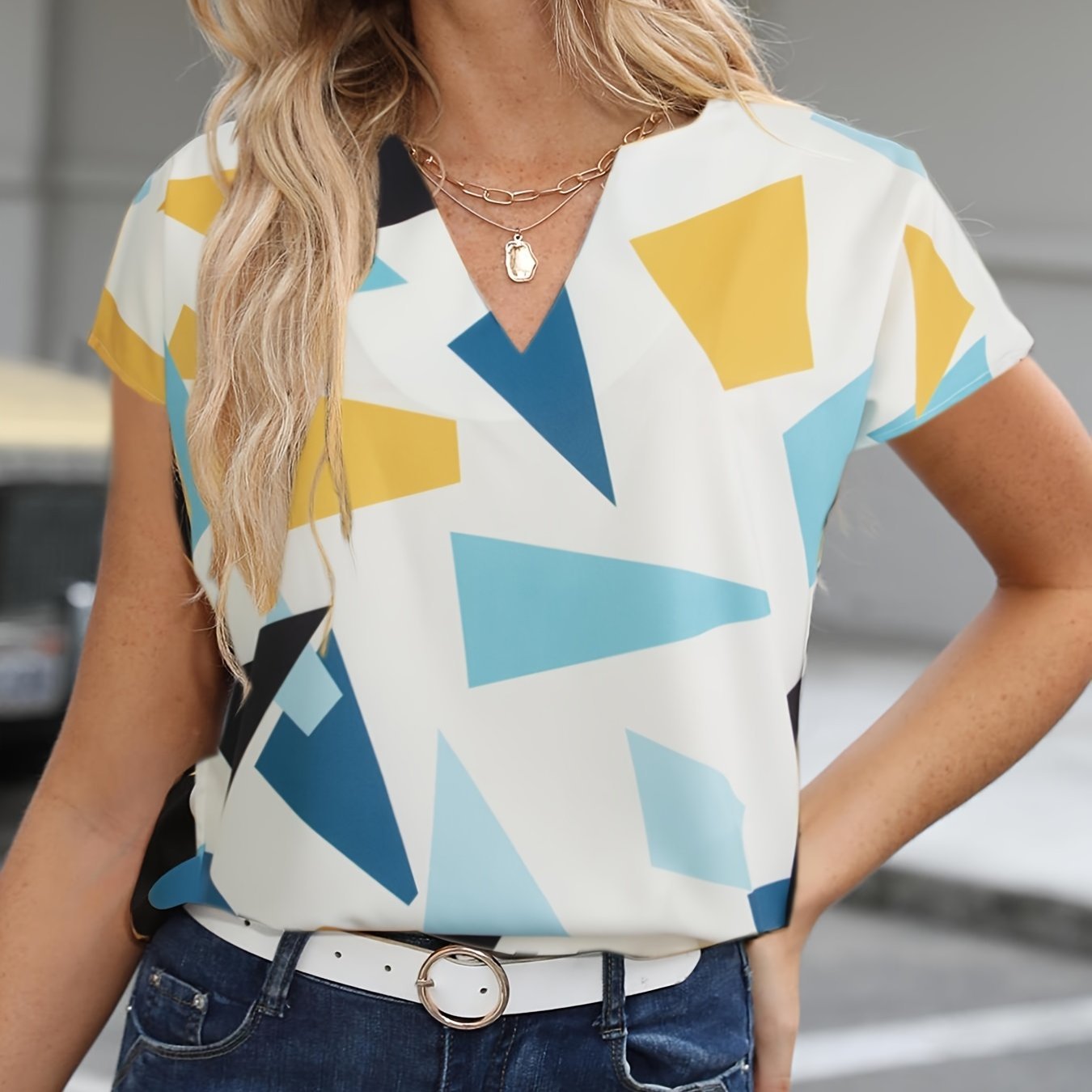Color Block Graphic Print Blouse, Notched Neck Casual Short Sleeve Blouse, Women??s Clothing - Image 9