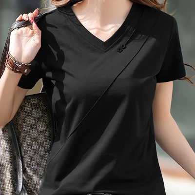 Solid Color V Neck T-Shirt, Casual Short Sleeve T-Shirt For Spring & Summer, Women??s Clothing
