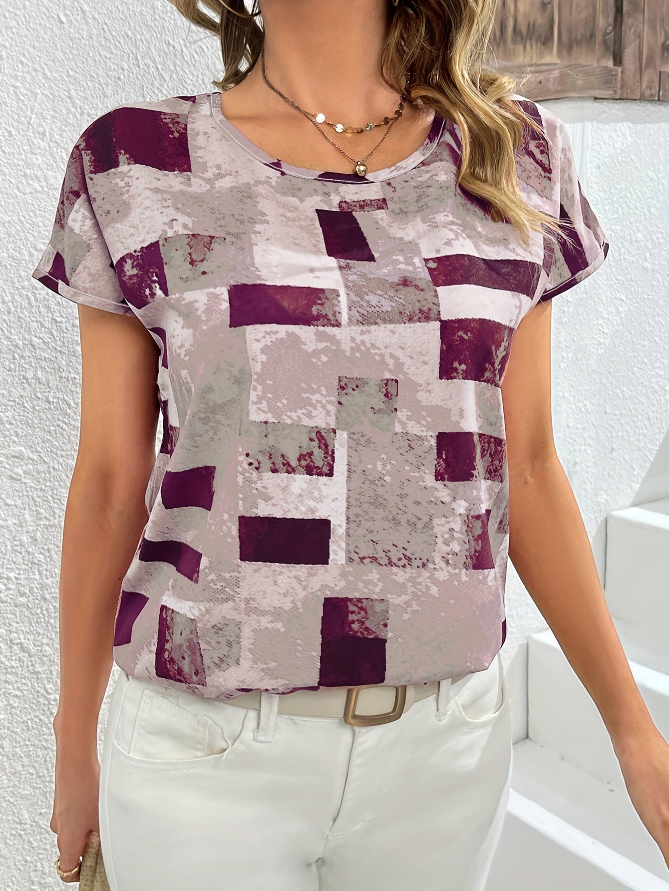 Geometric Print Blouse, Casual Crew Neck Short Sleeve Summer Blouse, Women??s Clothing - Image 6