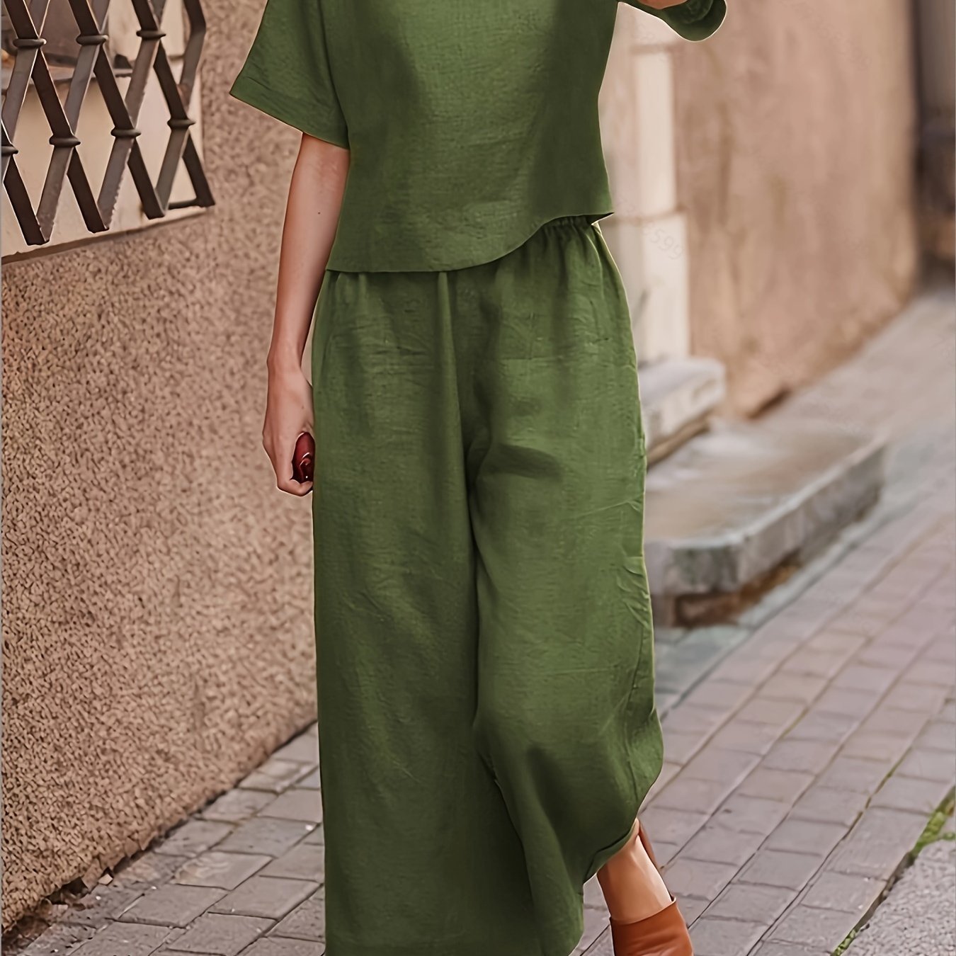 Solid Two-piece Set, Crew Neck Casual T-Shirt & Wide Leg Pants, Women??s Clothing - Image 7
