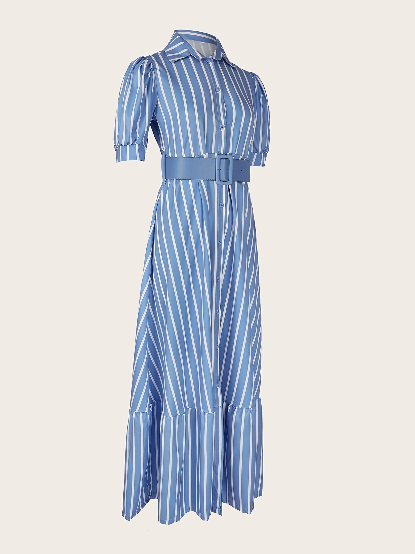 Elegant Striped Lace Up Long Dress, Short Sleeve V-neck Swing Belt Summer Long Dresses, Women??s Clothing - Image 4