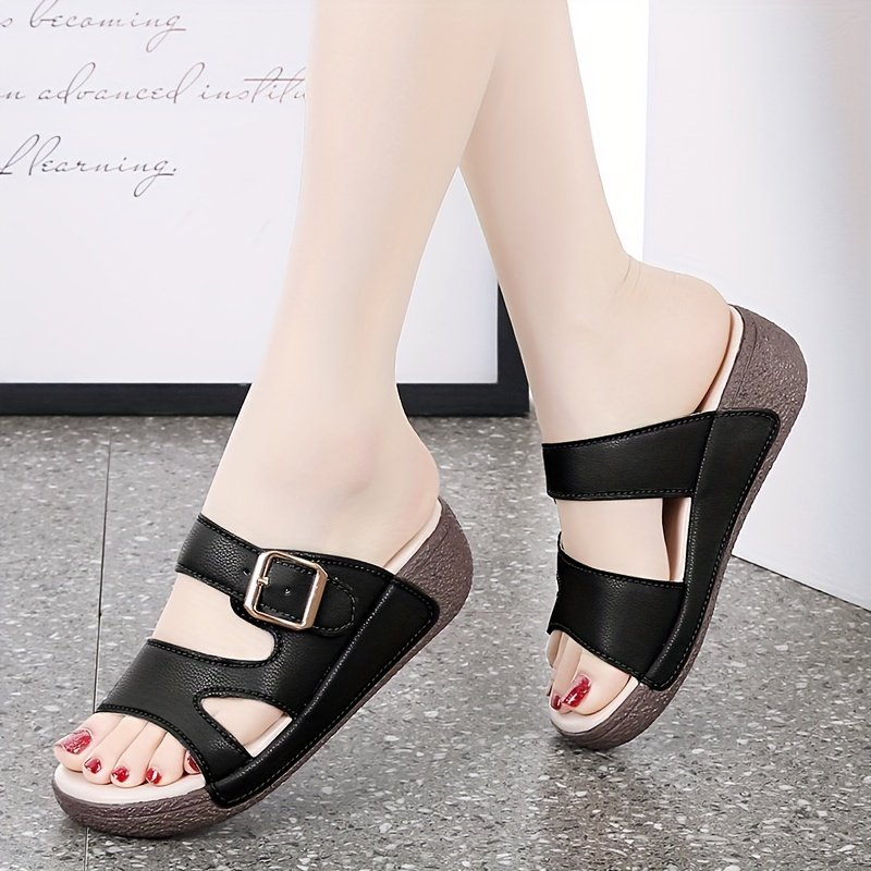 Women??s Solid Color Stylish Sandals, Buckle Belt Soft Sole Platform Slip On Shoes, Casual Summer Beach Shoes - Image 9