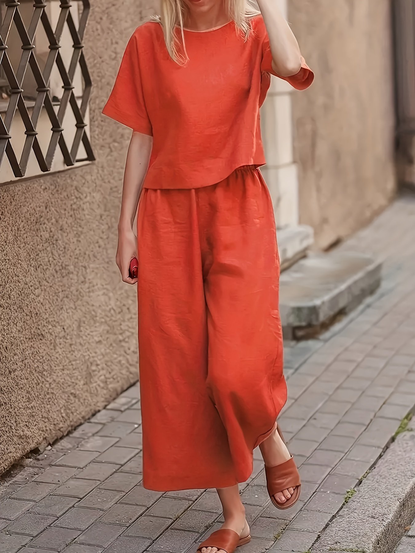 Solid Two-piece Set, Crew Neck Casual T-Shirt & Wide Leg Pants, Women??s Clothing